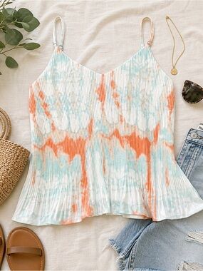 She + Sky Pleated Watercolor Cami Flowy Tank Top Pastel Boho Summer S